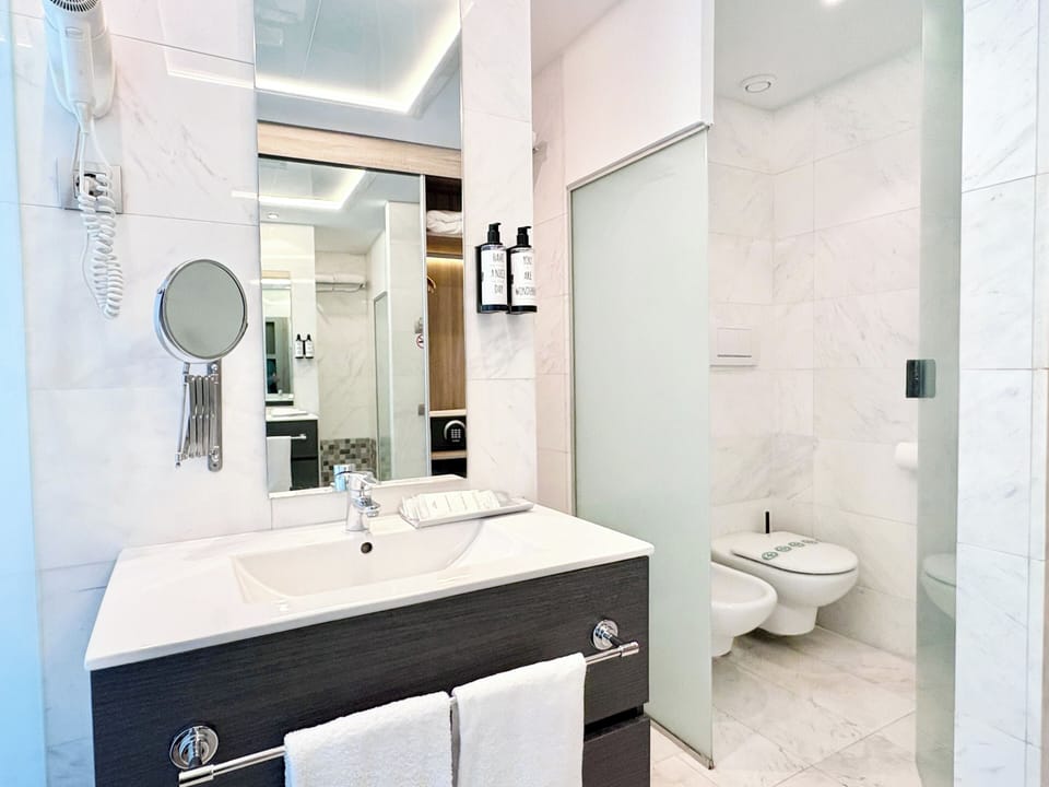 Hair dryer, bidet, towels