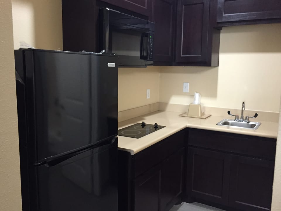 Full-size fridge, microwave, cleaning supplies, freezer