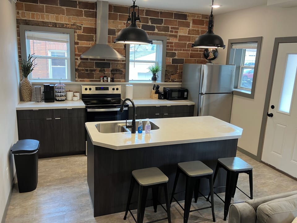 Full kitchen saves money and has utensils needed to make meals.