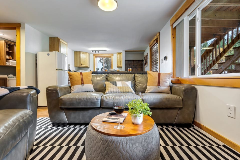 Full open-plan interior — leather sofas, kitchen, tree-line windows