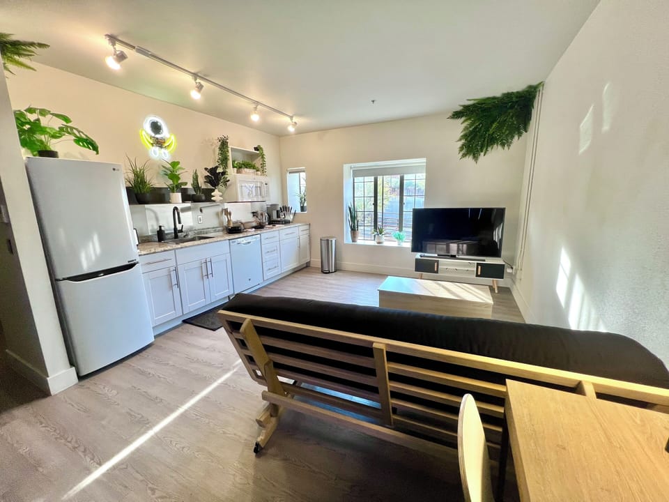 Open living area with plush full size futon and 56" TV