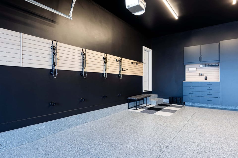 Garage is equipped with bike and ski racks