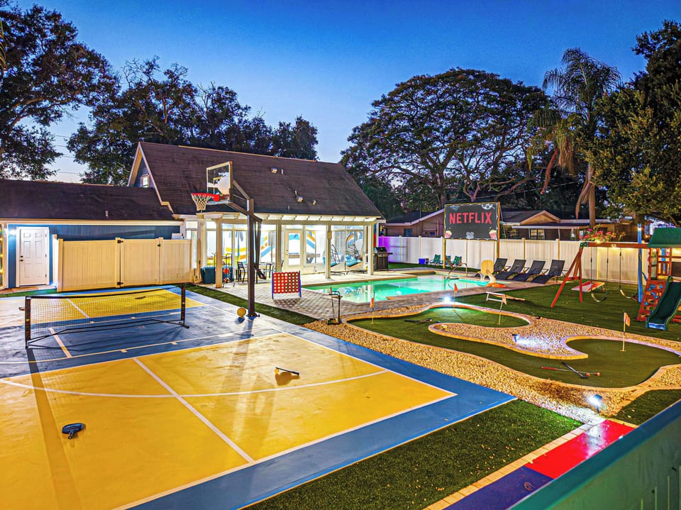 Backyard Amenities. Basketball + Pickleball court, saltwater pool, minigolf. kids' play area.