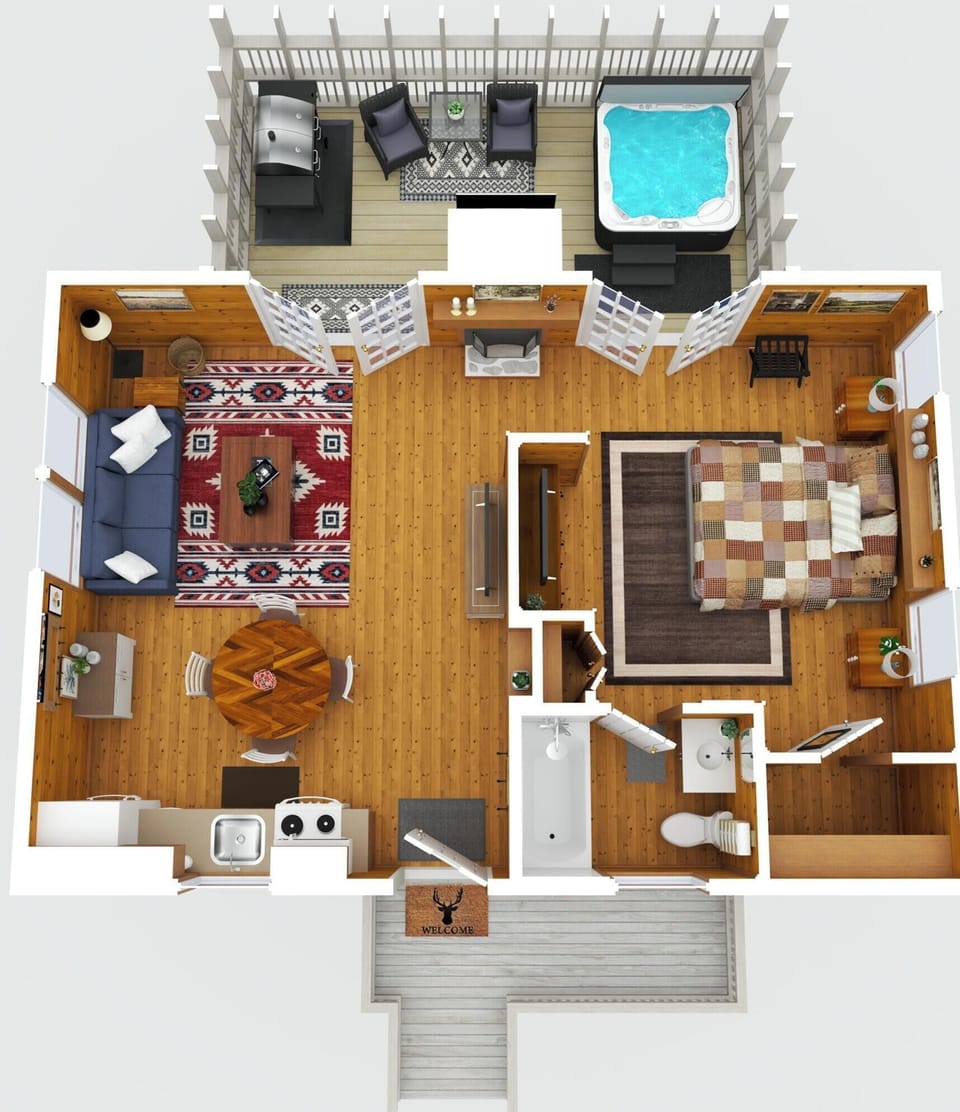 3D Floorplan — See the cozy layout of Deer Ridge Cabin, complete with a king bedroom, open living area, and private screened porch with hot tub.