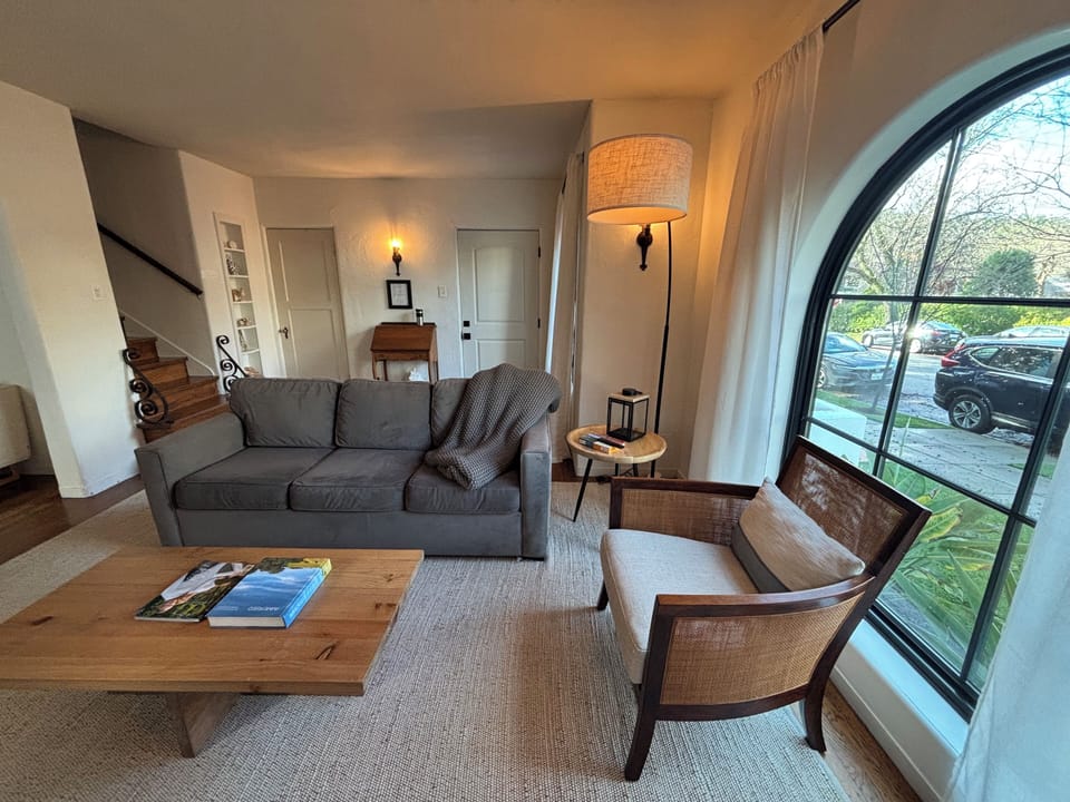 Light filled living room with comfy sofa bed.