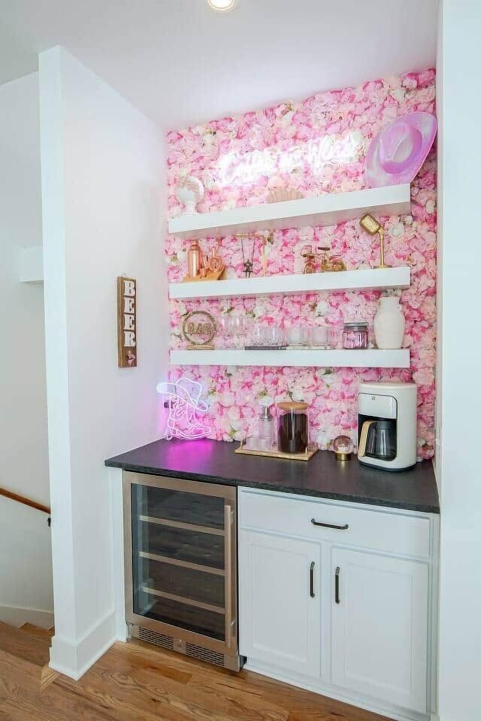 Coffee bar & wine fridge.