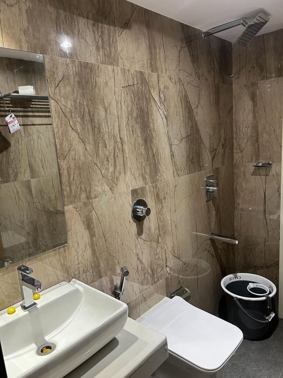 Shower, rainfall showerhead, towels, soap