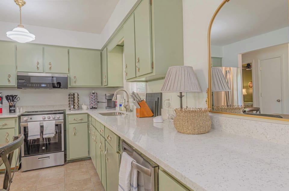 Spacious kitchen with plenty of counter space.

