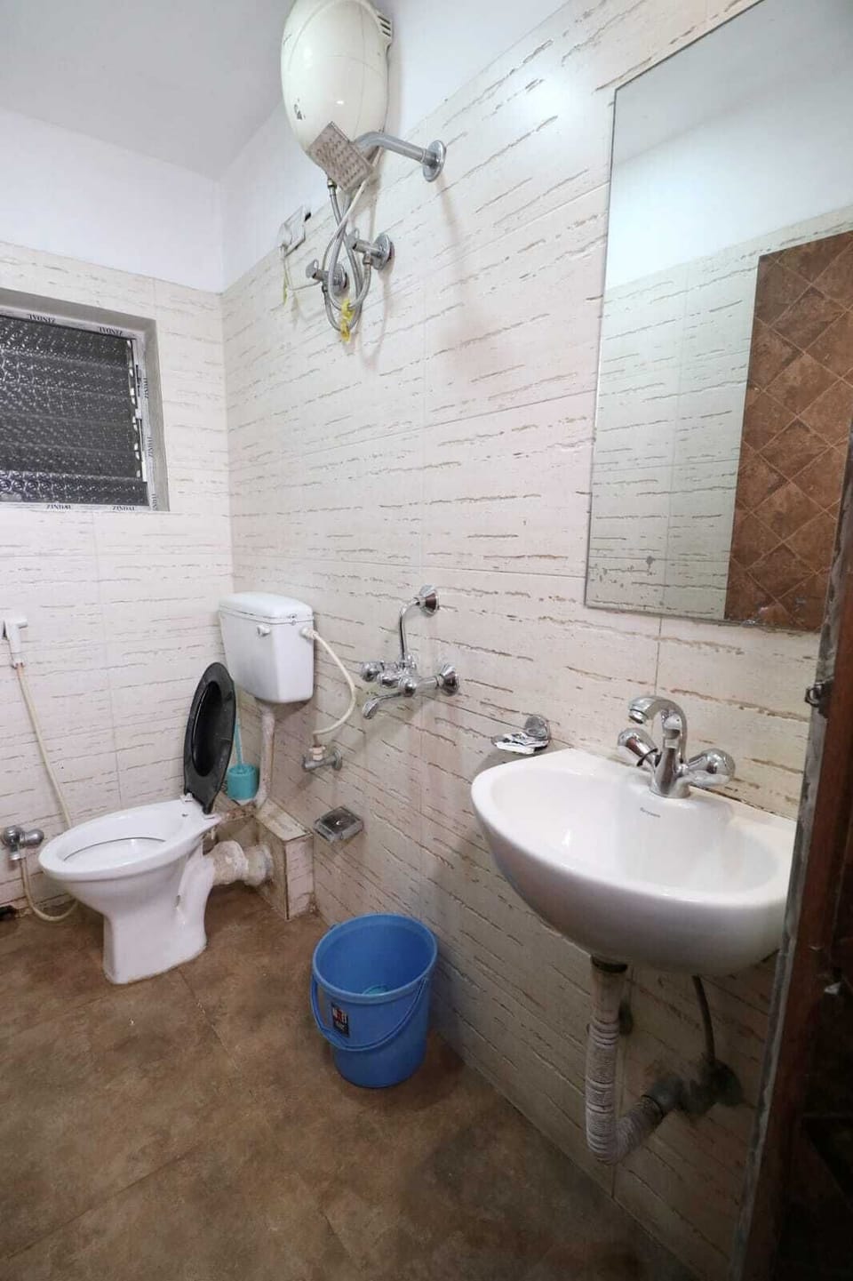 Shower, slippers, towels, soap