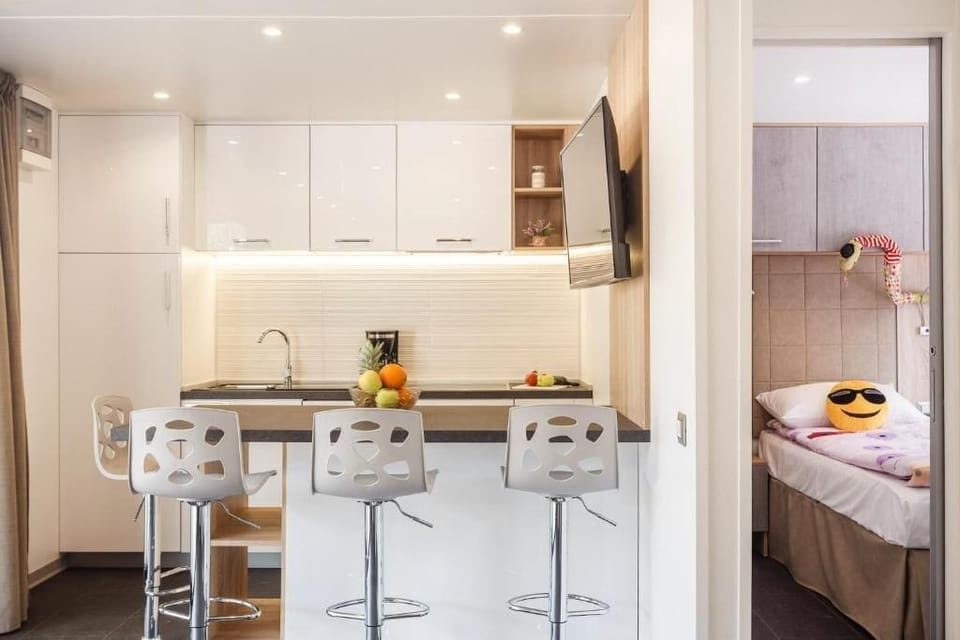 Luxury Two-Bedroom Mobile Home with Hot Tub | Private kitchen | Fridge, microwave, stovetop, dishwasher