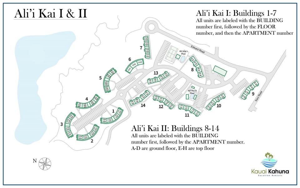 A map of the Alii Kai complex. Unit 10A is on the far end of the complex, but still near the pool, so you can enjoy peace and quiet, and the complex amenities. No need to worry about laundry facilities, as there's in-unit machines.