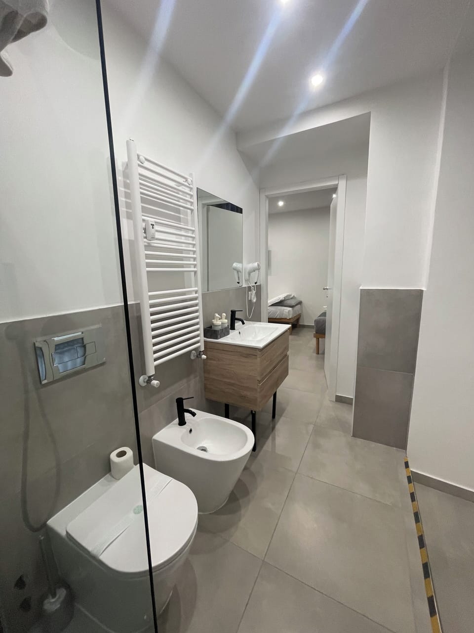 Hair dryer, bidet, towels, soap