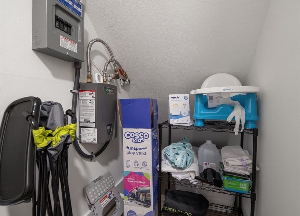 Hall closet w/baby supplies, broom, Swiffer, etc. Handheld vacuum is in liv. rm.