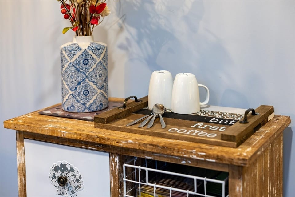 Coffee station, mugs, spoons