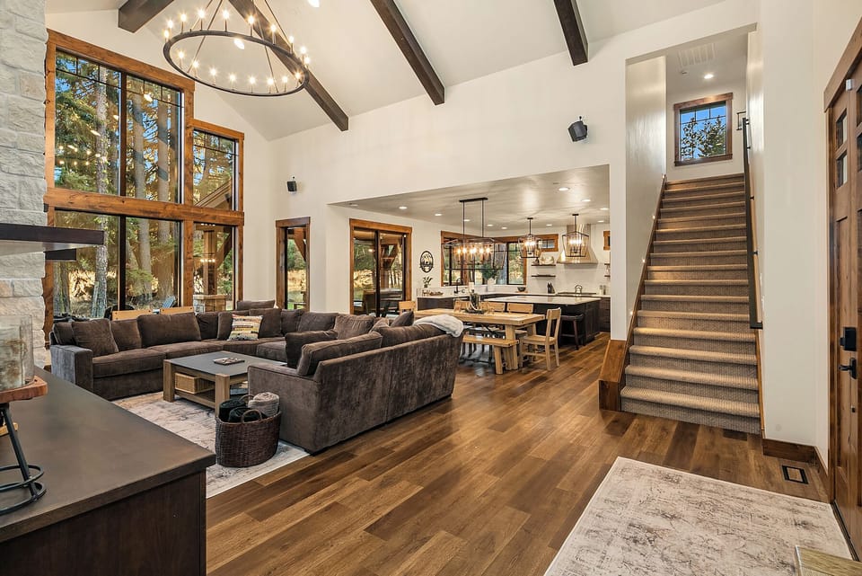 Snowbeary Lodge: - Open-concept great room with stairs leading to the 2nd floor bedrooms and bonus room.