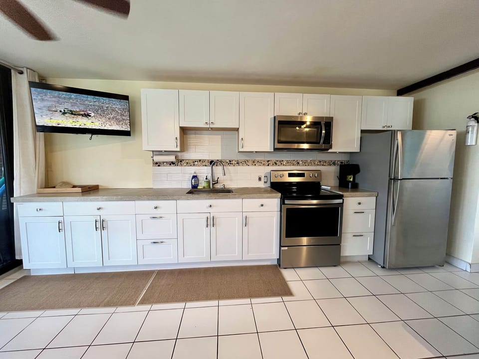 Fully stocked kitchen and smart tv.