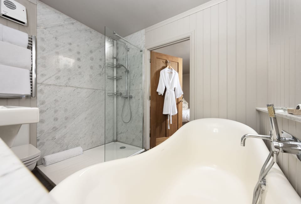 South Lodge, Helston:  With a gorgeous freestanding bath,  walk in shower, wash basin and WC