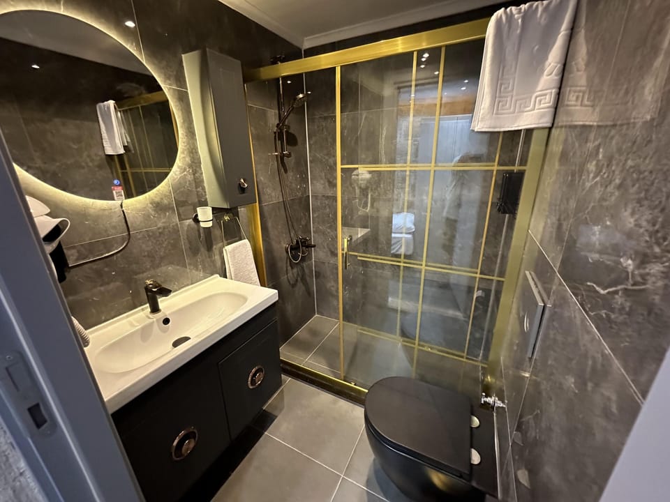 Shower, hair dryer, bathrobes, slippers
