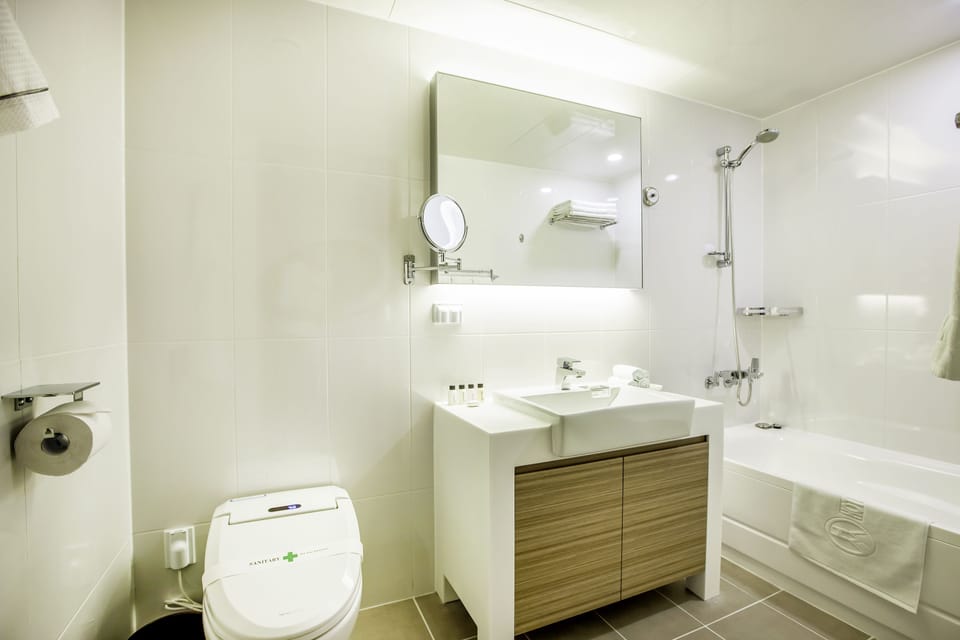Combined shower/tub, deep soaking tub, free toiletries, hair dryer