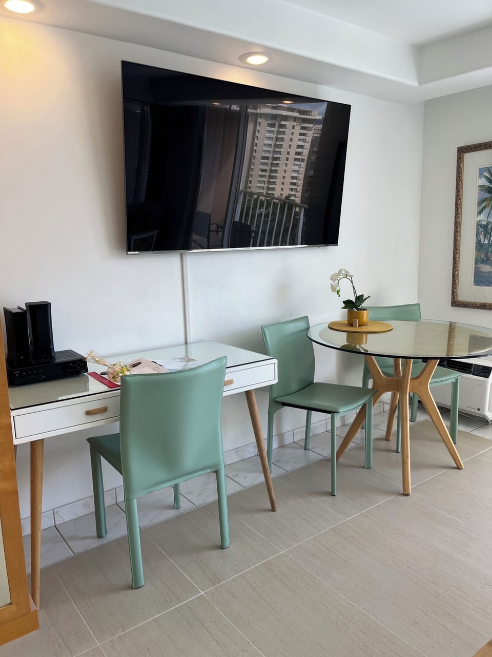 Desk and separate table.  High speed wifi and Smart TV
