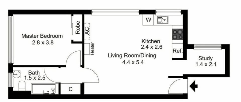 A clear, detailed architectural blueprint showcasing the highly efficient layout, complete with a separate study and a spacious master bedroom.