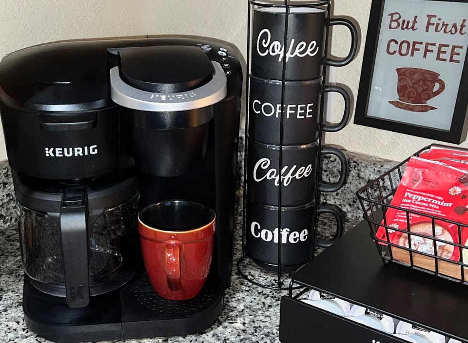 Start your day with a fresh brew at the coffee station using the coffee bean grinder, French Press, or coffee maker.