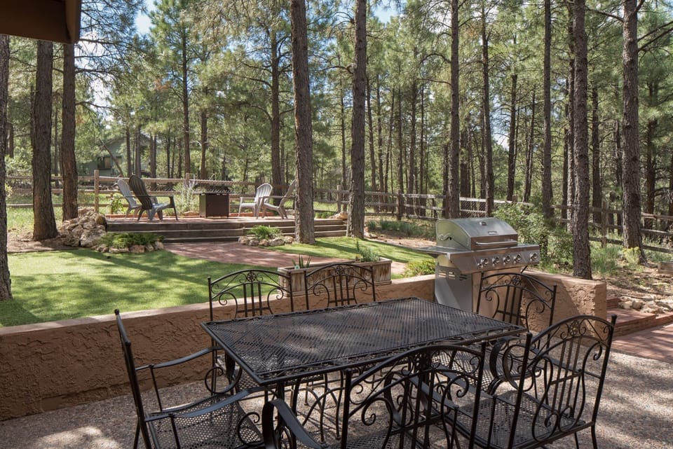 Enjoy relaxing mornings surrounded by serene pines and keep an eye out for visits from local deer.