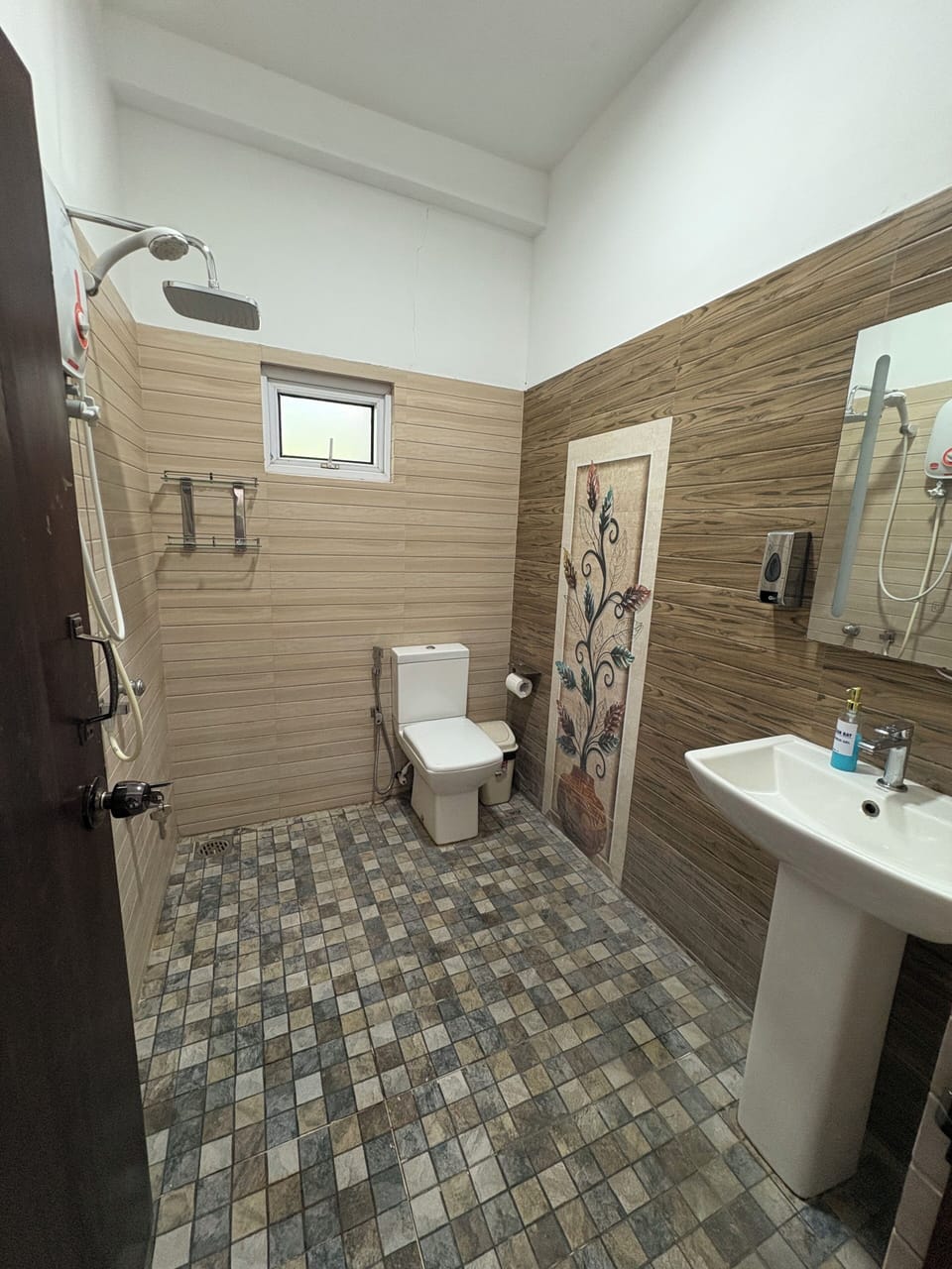 Shower, towels, toilet paper