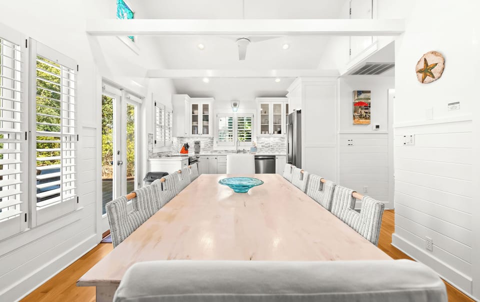 The dining area flows into the kitchen for easy service