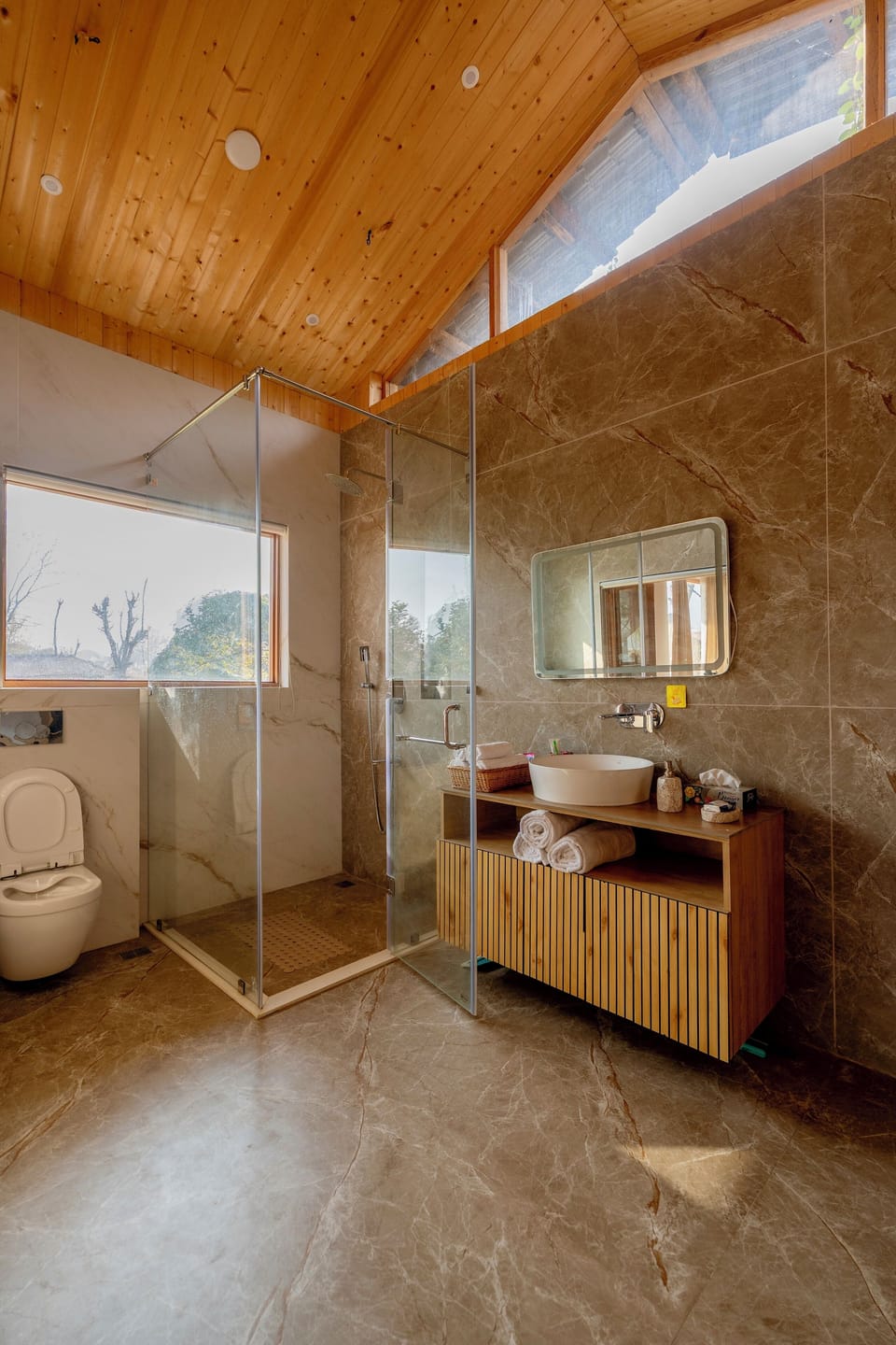 Shower, slippers, soap, shampoo