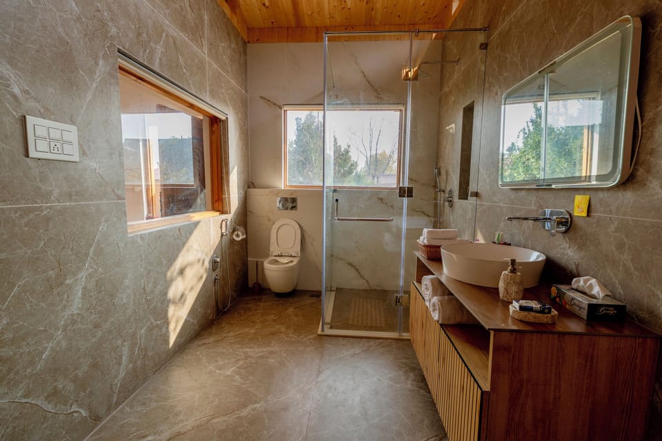 Shower, slippers, soap, shampoo