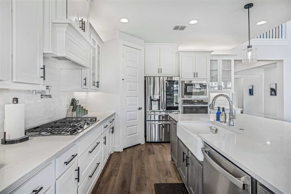 Full-size fridge, gas range, and all the counter space
