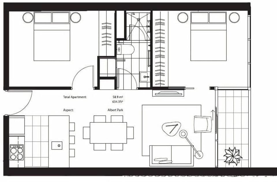 Functional floorplan offering smart use of space with open-plan living and dual bedrooms.
