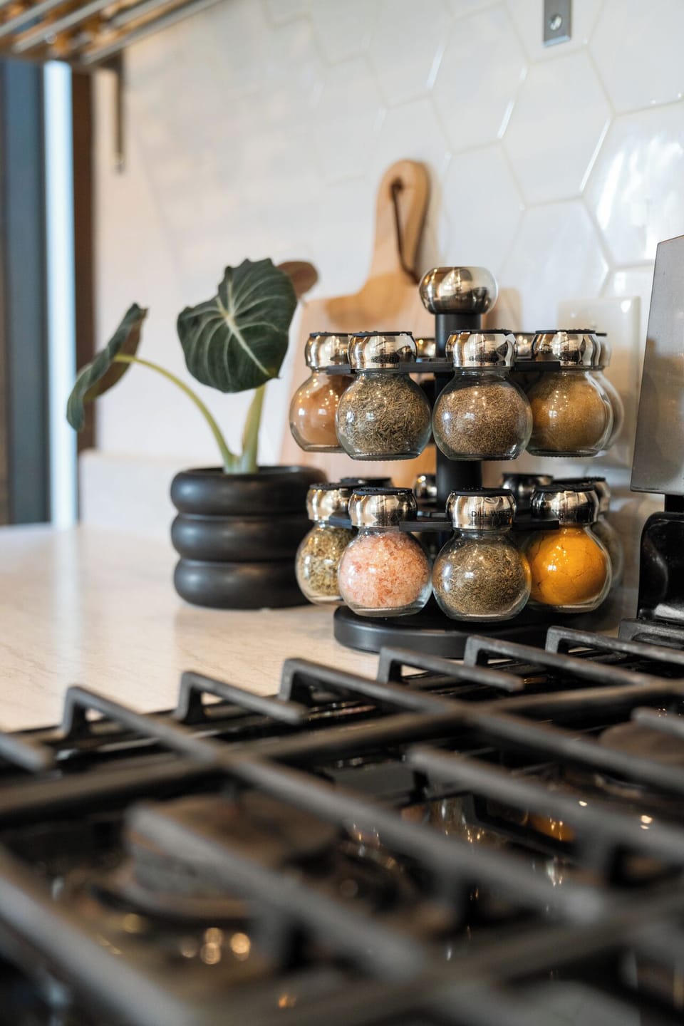 Full spice rack and cutting board
