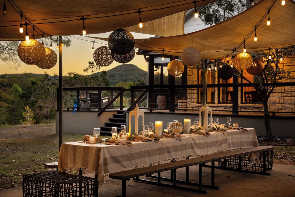 Dine al fresco at dusk, with the warm hues of the setting sun casting a gentle light over your meal. The serene atmosphere makes this the perfect spot for an intimate evening.