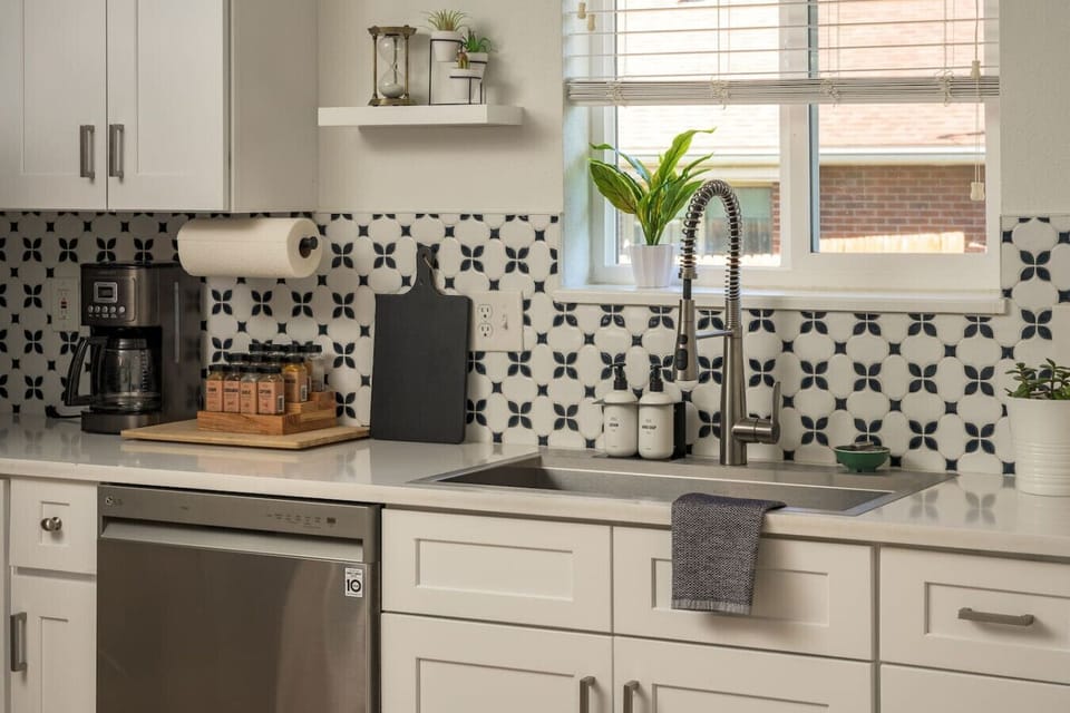 Bright and fully stocked kitchen with everything you need to cook at home.