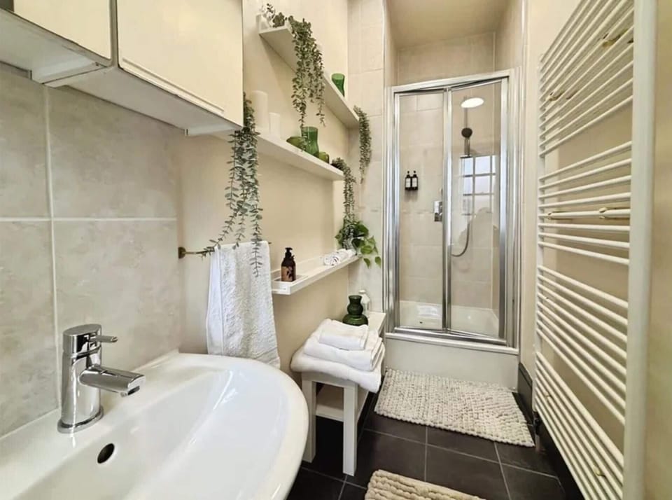 Combined shower/tub, deep soaking tub, hair dryer, towels