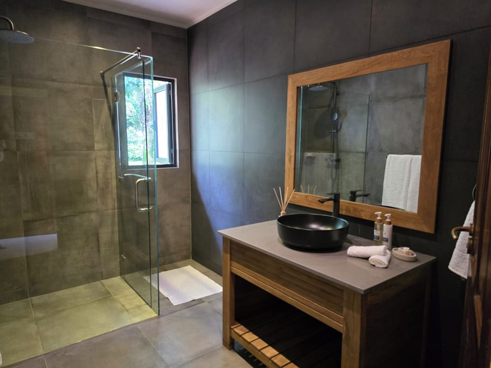 Deluxe Double Room, Garden View | Bathroom | Shower, free toiletries, hair dryer, bathrobes