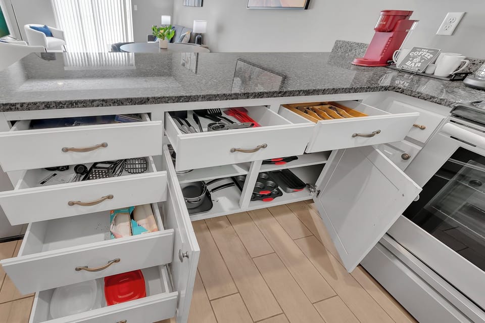 A fully stocked kitchen awaits for cooking your favorite recipes