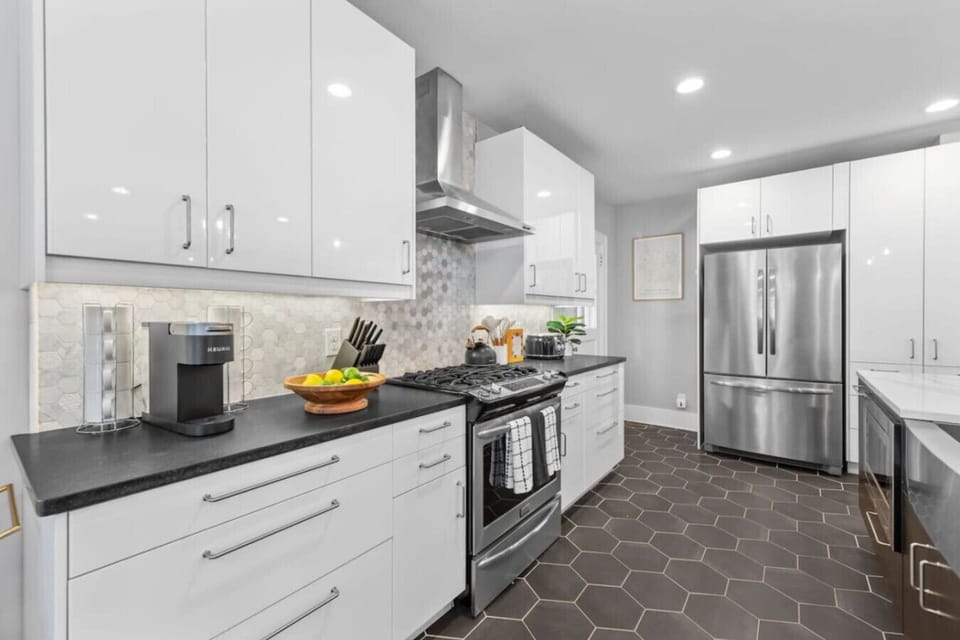Kitchen range and hood with oven and refrigerator