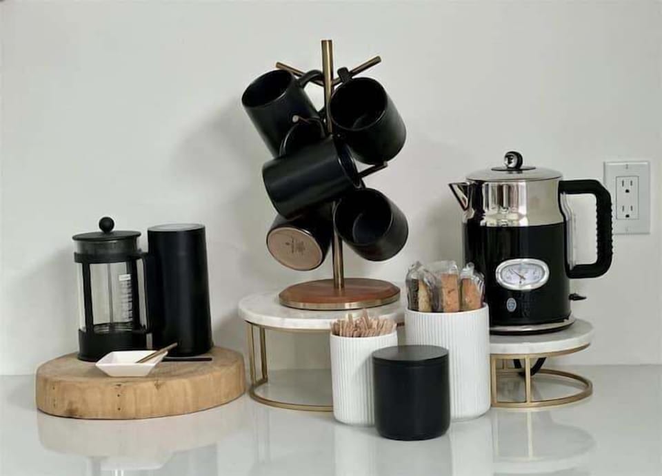 The coffee bar is fully stocked for those who need their daily caffeine fix