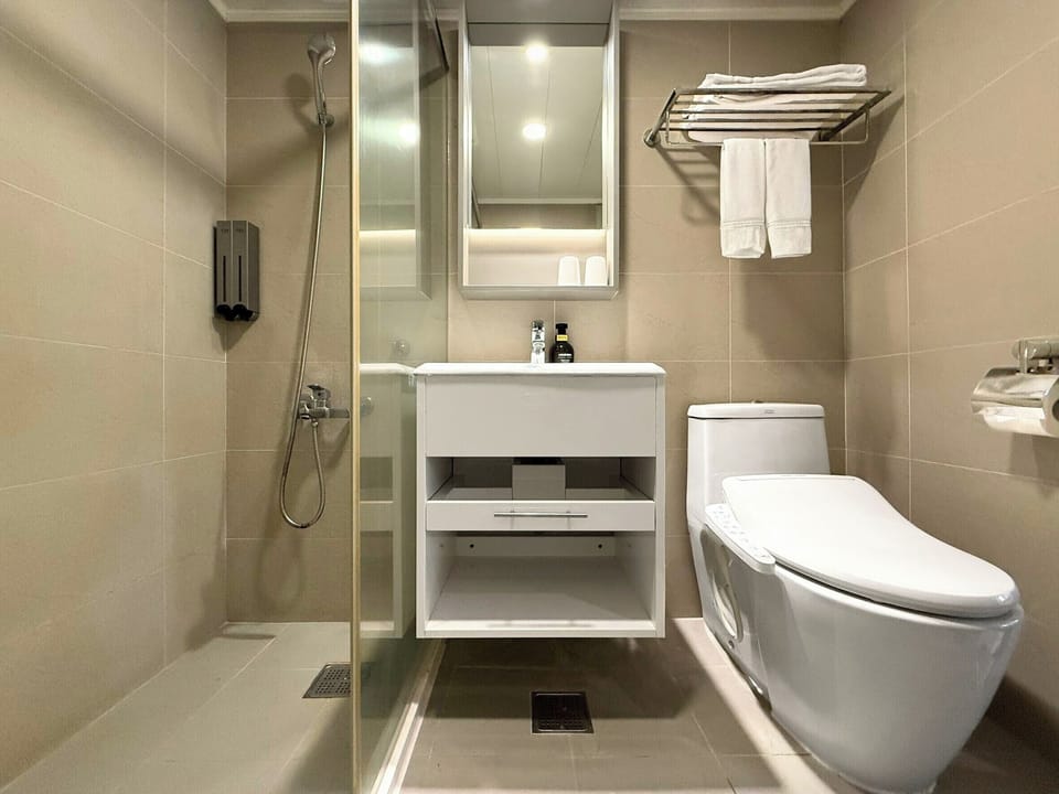 Hair dryer, slippers, towels, shampoo