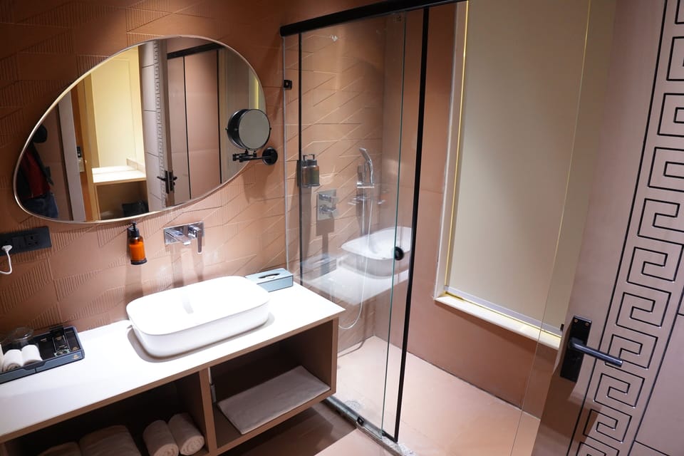 Shower, rainfall showerhead, hair dryer, slippers
