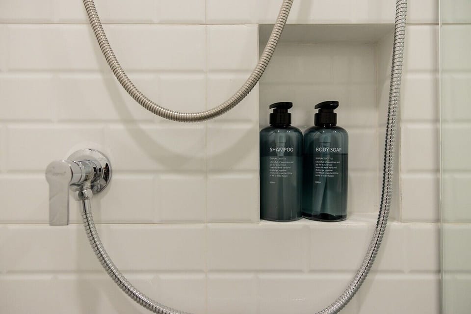 Shower, free toiletries, hair dryer, towels