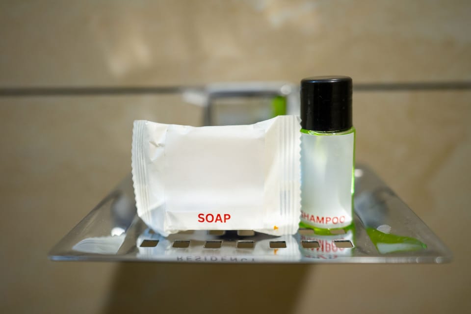 Shower, towels, soap, shampoo