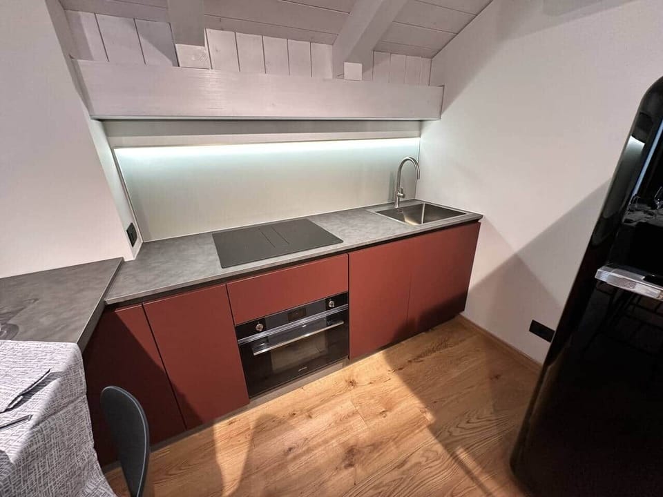 Kitchenette equipped with SMEG accessories, induction cooktop, combined electric and microwave oven, dishwasher, refrigerator, Lavazza pod coffee maker, kettle, dishes, plates, glasses and cutlery. 