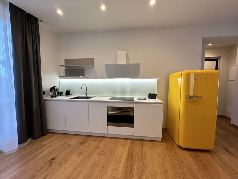 Kitchenette with induction cooktop, hood , combi oven (microwave and electric), sink, refrigerator, dishwasher, kettle, coffee pod machine, dishes, plates, glasses and cutlery.