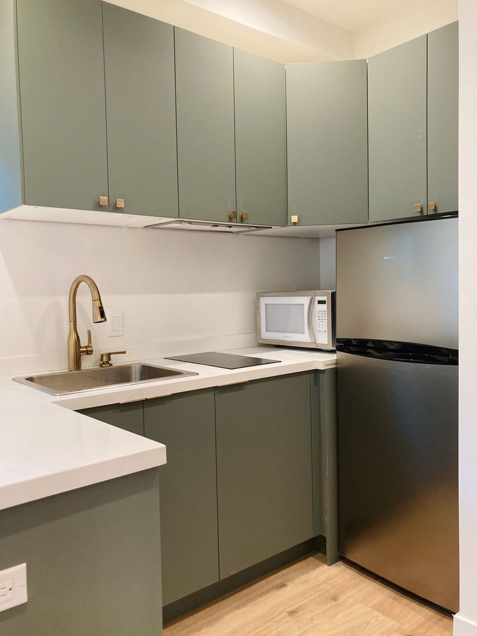 Full kitchen with two-burner cooktop, microwave, fridge