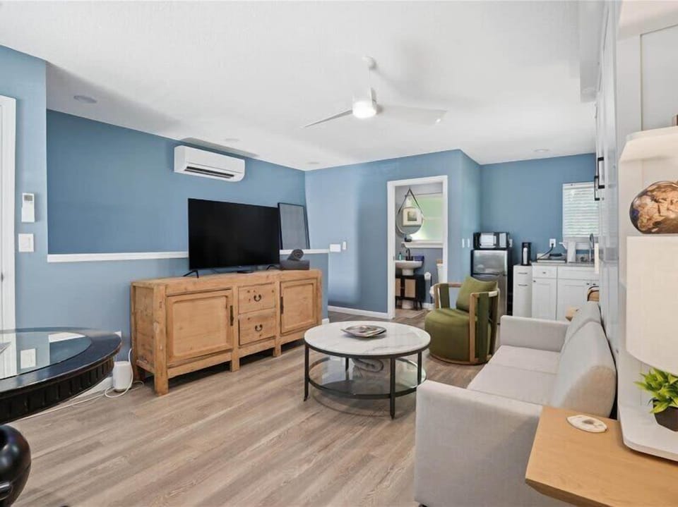 Bright studio with a sofa and TV