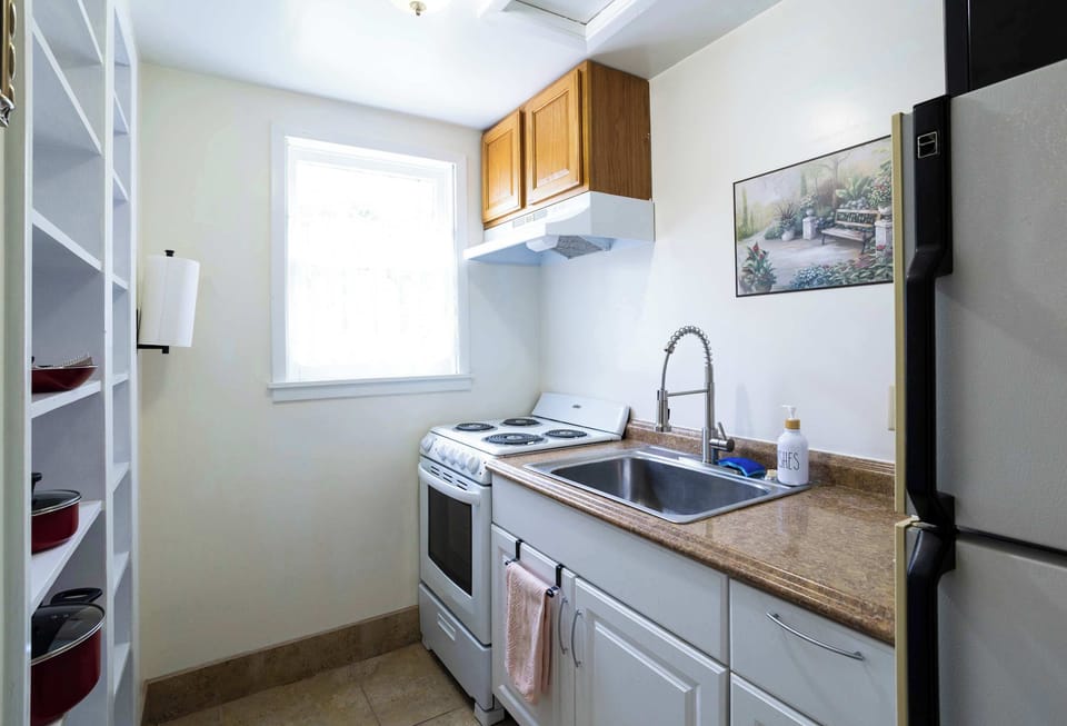 The kitchen hits all the marks with a stove, oven and microwave